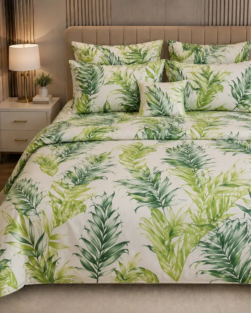 Tropical Leaf Satin Reversible Quilt Cover Set – 7 Pcs