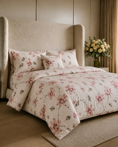 Blush Floral Printed Cotton Reversible Quilt Cover Set – 7 Pcs