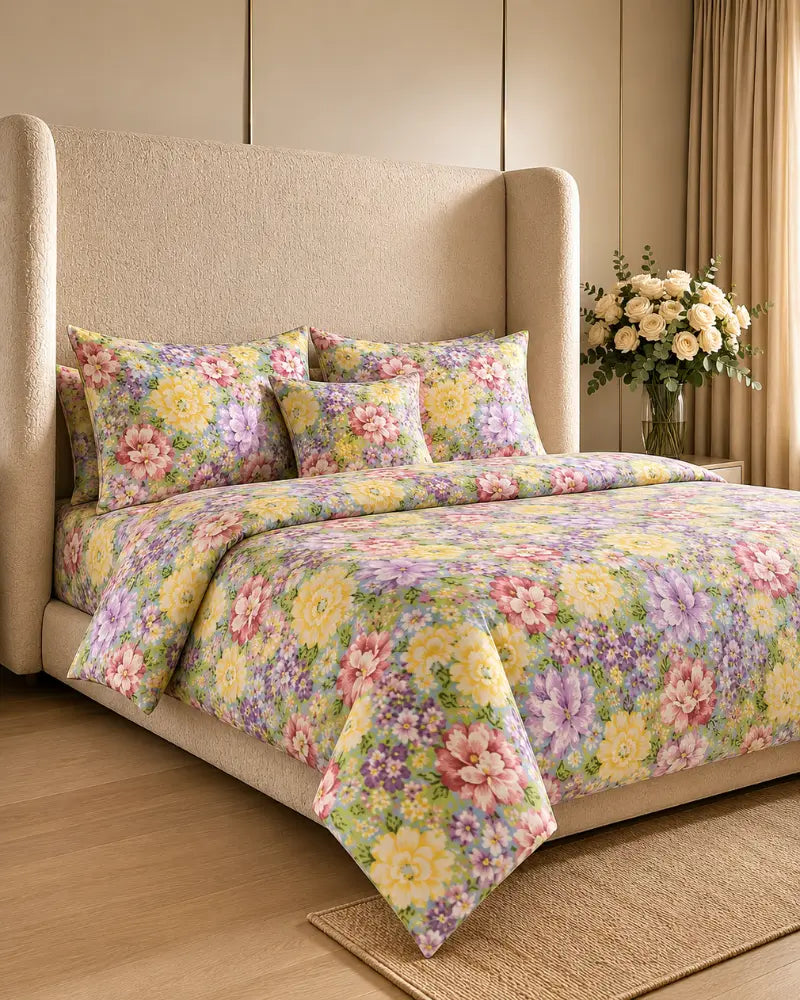 Floral Printed Satin Bedsheet Set – 7 Pcs