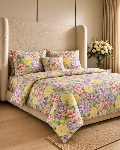Floral Printed Satin Bedsheet Set – 7 Pcs