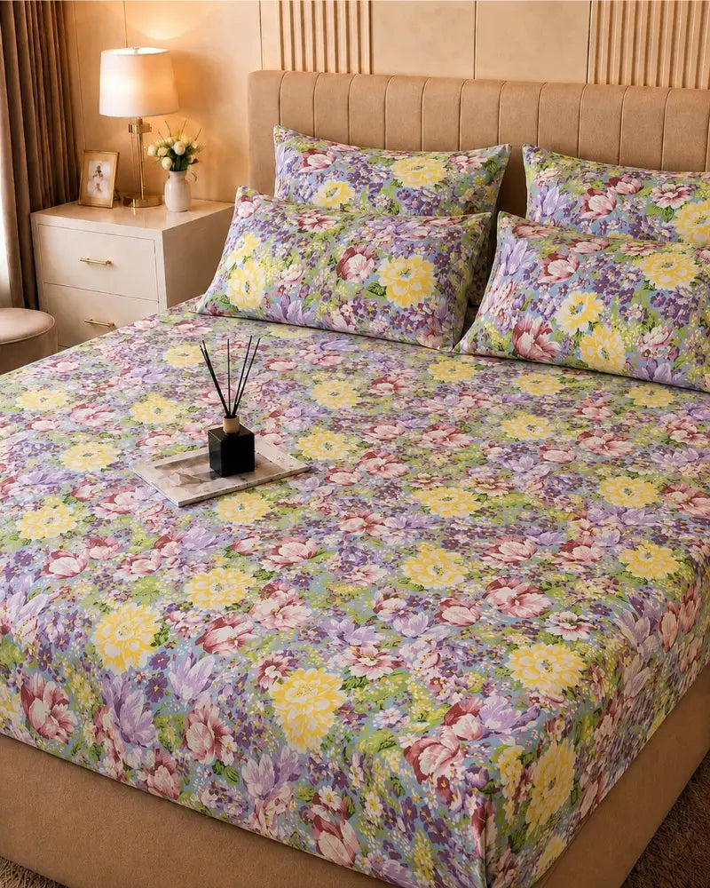 Floral Printed Satin Bedsheet Set – 5 Pcs