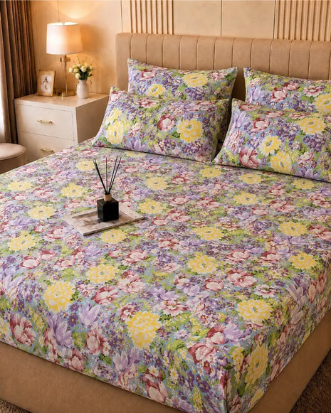 Floral Printed Satin Bedsheet Set – 5 Pcs