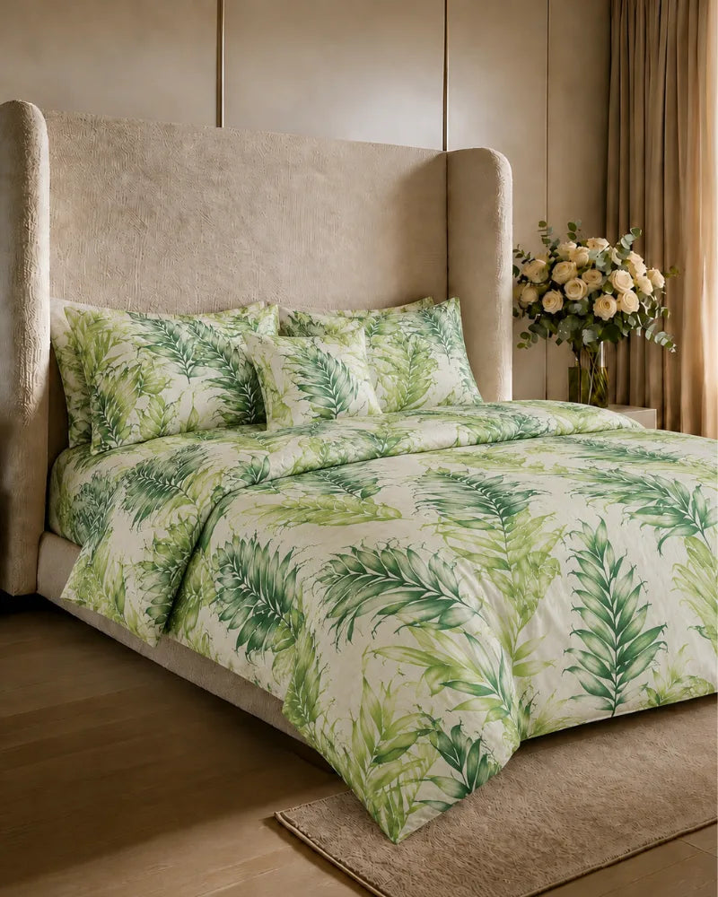 Tropical Leaf Satin Reversible Quilt Cover Set – 7 Pcs