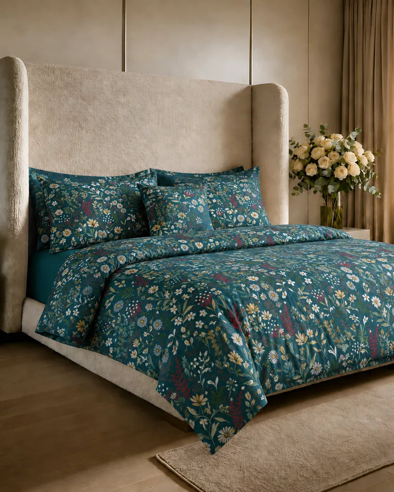 Teal Motif Cotton Reversible Quilt Cover Set – 7 Pcs