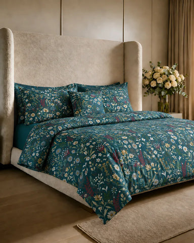 Teal Motif Cotton Reversible Quilt Cover Set – 7 Pcs