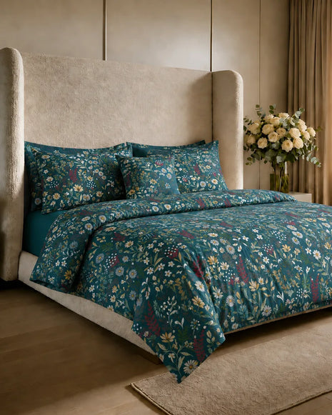 Teal Motif Cotton Reversible Quilt Cover Set – 7 Pcs