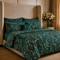 Teal Motif Cotton Reversible Quilt Cover Set – 7 Pcs