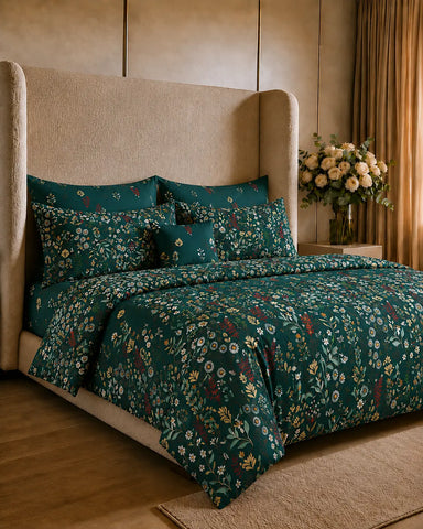 Teal Motif Cotton Reversible Quilt Cover Set – 7 Pcs