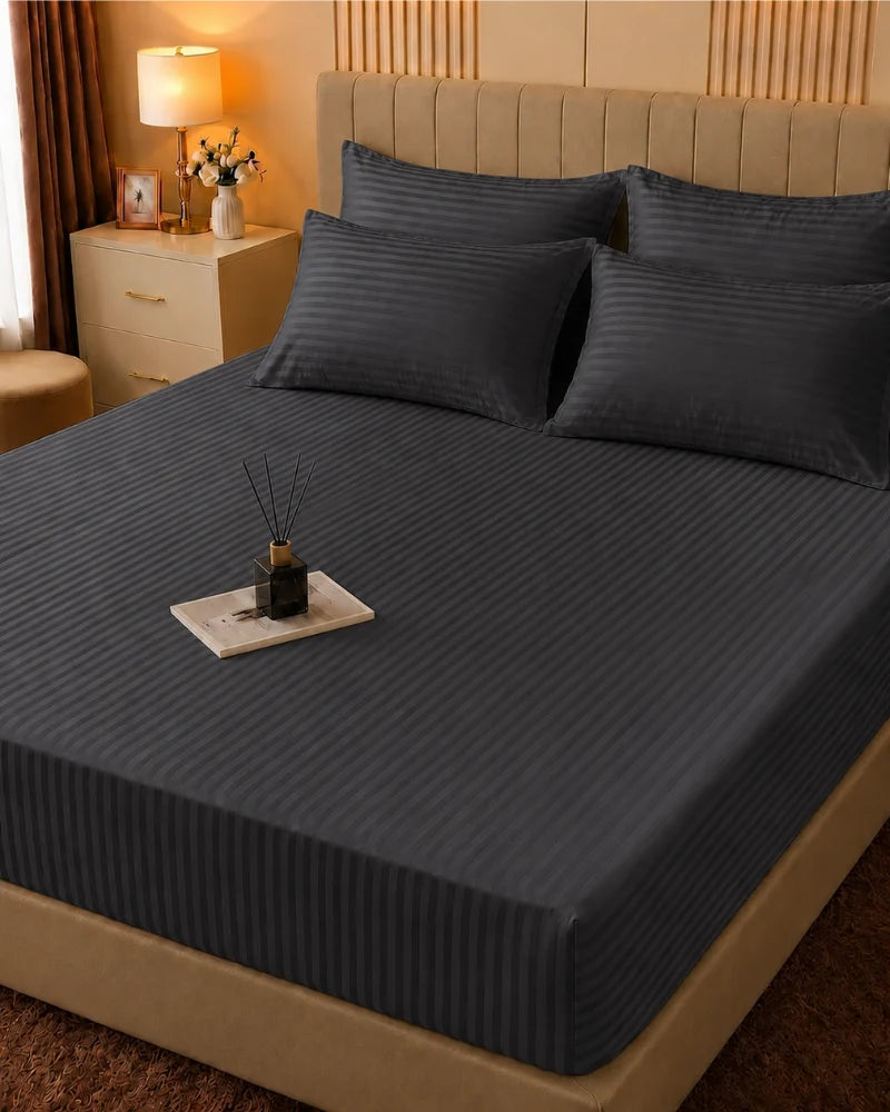 Dark Gray Stripe Bedsheet Set – 5 Pcs