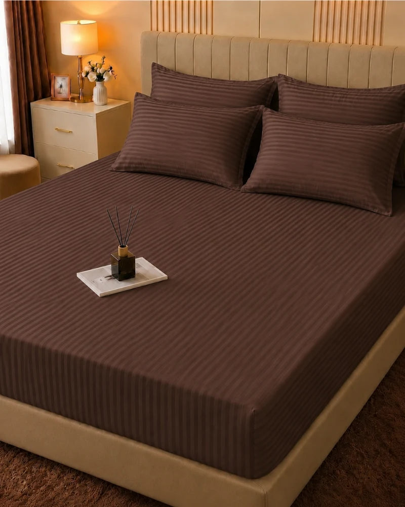 Chocolate Brown Stripe Bedsheet Set – 5 Pcs