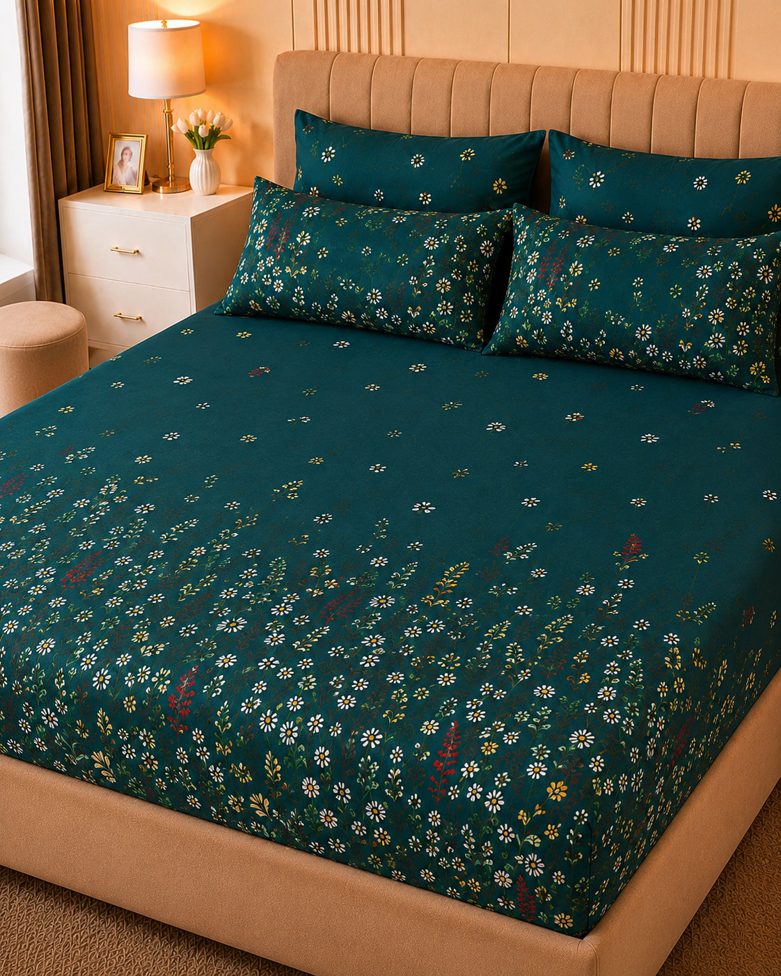 Teal Motif Cotton Bedsheet Set – 5 Pcs