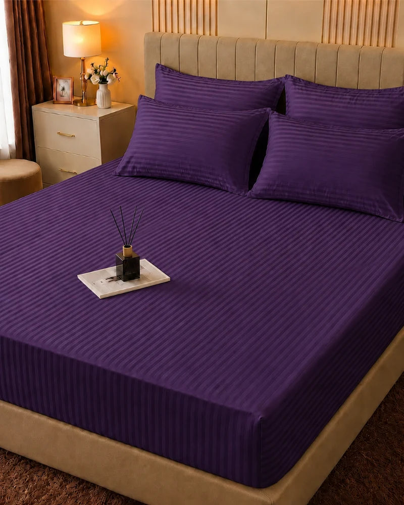 Deep Purple Stripe Bedsheet Set – 5 Pcs