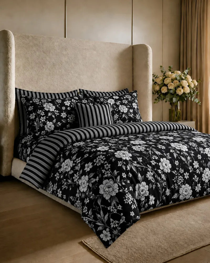 Monochrome Stripe Reversible Quilt Cover Set – 7 Pcs