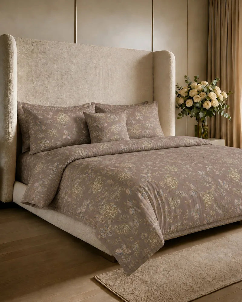 Taupe Botanical Satin Reversible Quilt Cover Set – 7 Pcs