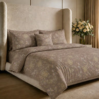 Taupe Botanical Satin Reversible Quilt Cover Set – 7 Pcs