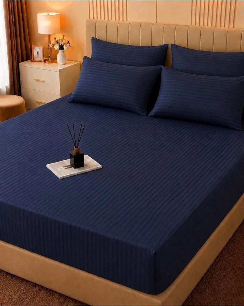 Navy Blue Stripe Bedsheet Set – 5 Pcs