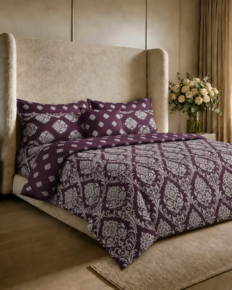 Plum Mandala Cotton Reversible Quilt Cover Set – 7 Pcs