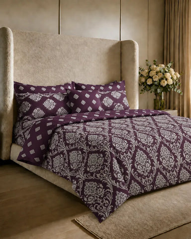 Plum Mandala Cotton Reversible Quilt Cover Set – 7 Pcs