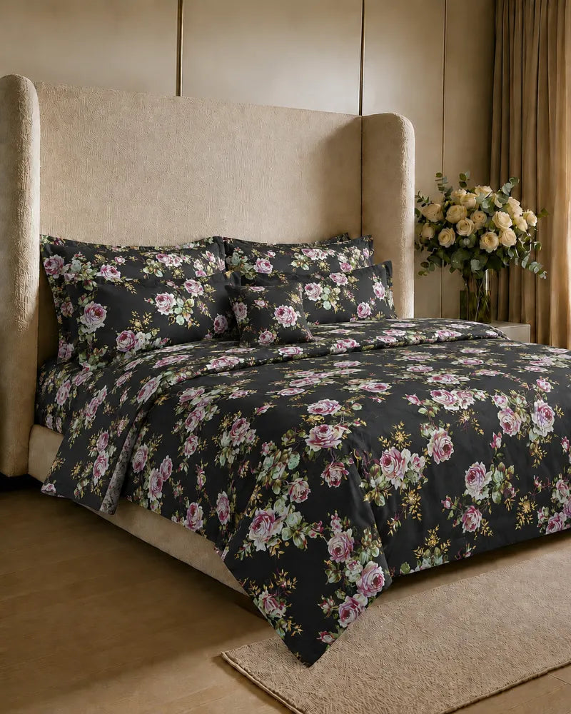 Deluxe Black Rose Satin Reversible Quilt Cover Set – 7 Pcs