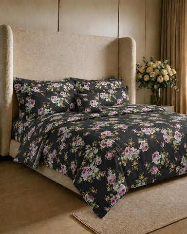 Deluxe Black Rose Satin Reversible Quilt Cover Set – 7 Pcs