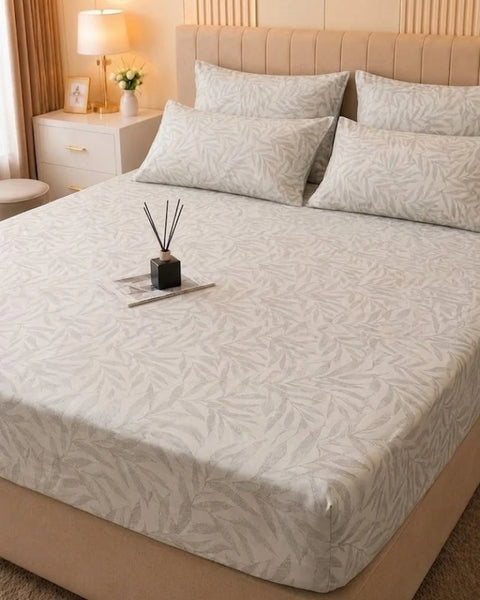 Leaf Pattern Satin Bedsheet Set – 5 Pcs