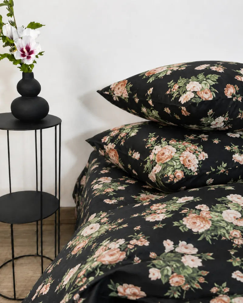 Deluxe Black Rose Satin Reversible Quilt Cover Set – 7 Pcs