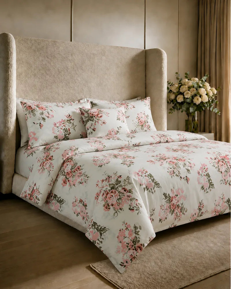 Deluxe Pink Garden Cotton Quilt Cover Set – 7 Pcs