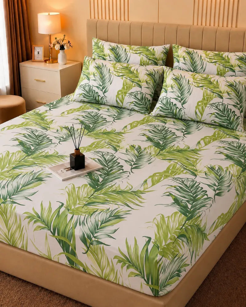 Tropical Leaf Satin Bedsheet Set – 5 Pcs