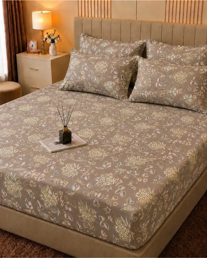 Taupe Botanical Satin Bedsheet Set – 5 Pcs