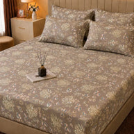 Taupe Botanical Satin Bedsheet Set – 5 Pcs