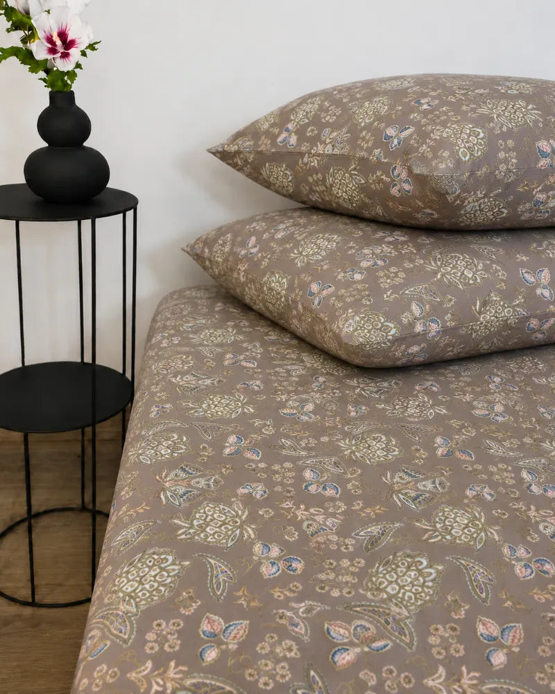 Taupe Botanical Satin Bedsheet Set – 5 Pcs