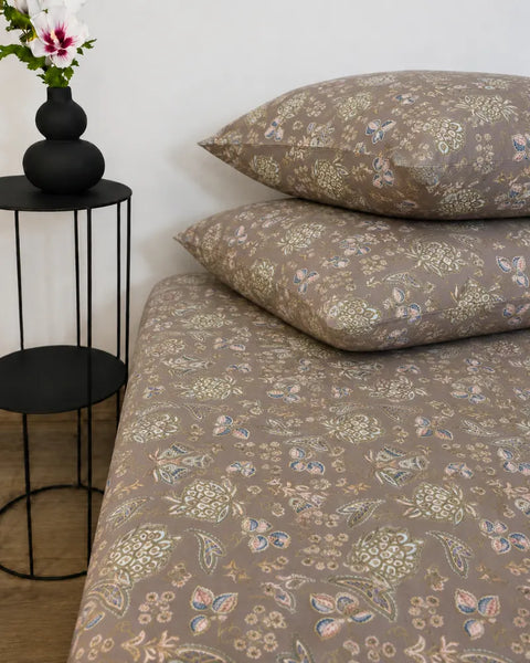Taupe Botanical Satin Bedsheet Set – 5 Pcs