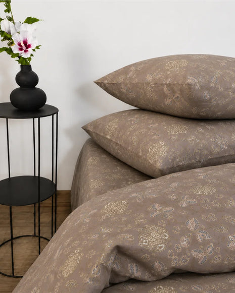 Taupe Botanical Satin Reversible Quilt Cover Set – 7 Pcs