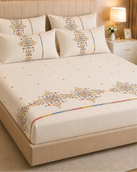 Ivory Embroidered Cotton Bedsheet Set – 5 Pcs