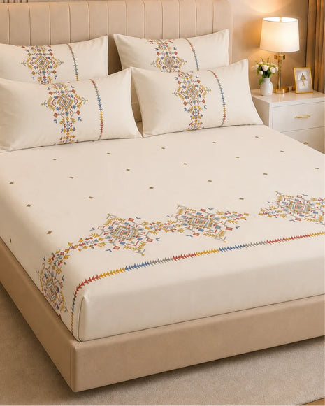 Ivory Embroidered Cotton Bedsheet Set – 5 Pcs