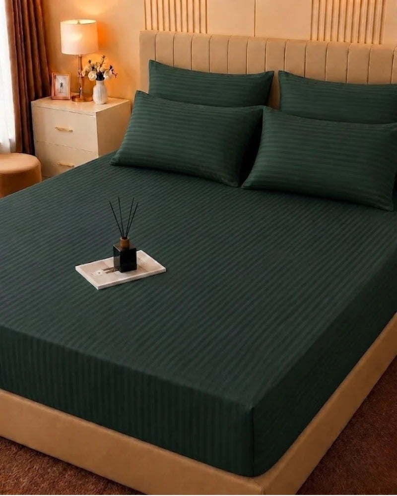 Dark Green Stripe Bedsheet Set – 5 Pcs