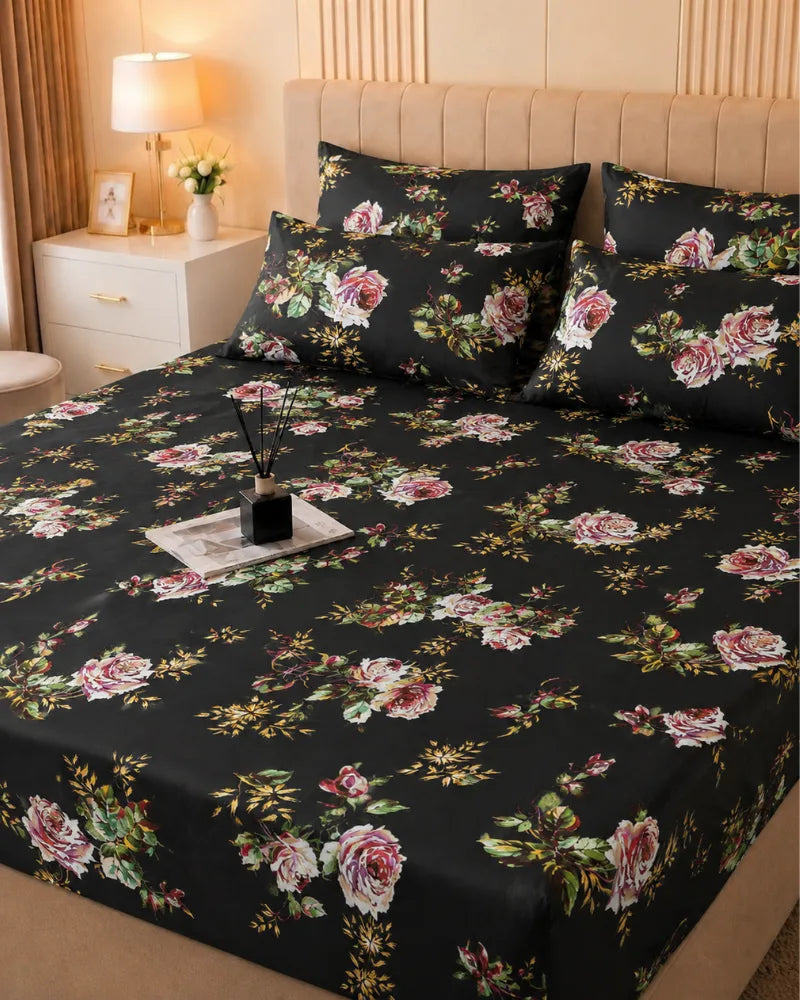 Black Rose Satin Bedsheet Set – 5 Pcs