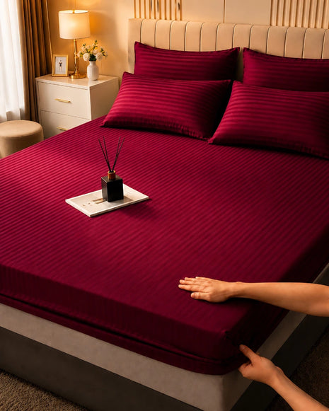 Maroon Stripe Bedsheet Set – 5 Pcs
