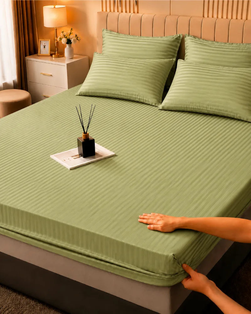 Light Green Stripe Bedsheet Set – 5 Pcs