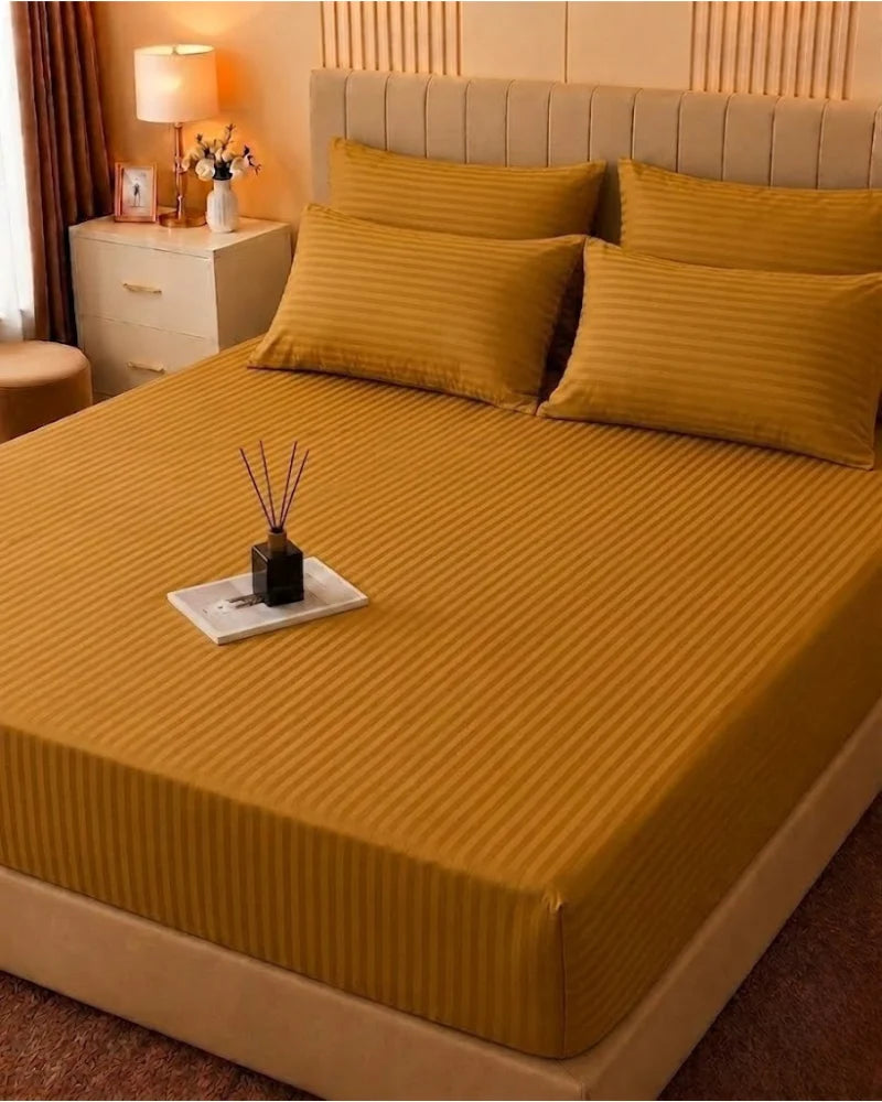 Honey Mustard Stripe Bedsheet Set – 5 Pcs