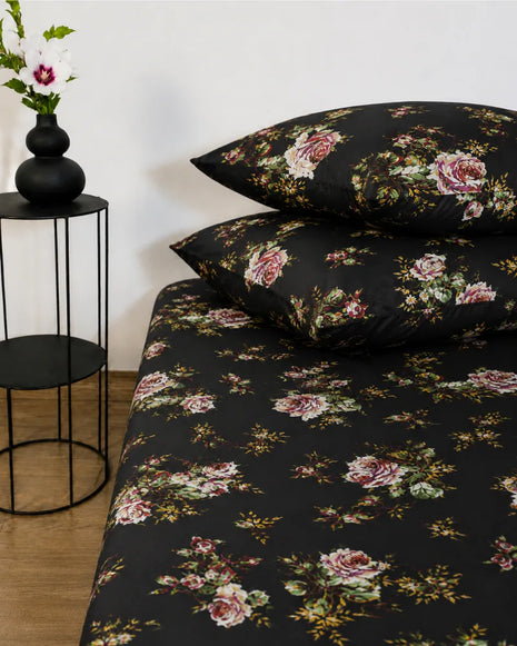 Black Rose Satin Bedsheet Set – 5 Pcs
