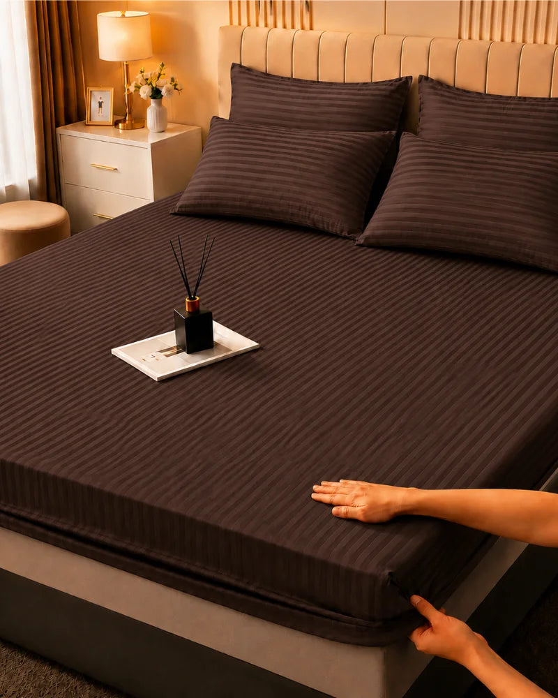 Chocolate Brown Stripe Bedsheet Set – 5 Pcs