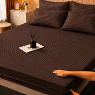 Chocolate Brown Stripe Bedsheet Set – 5 Pcs