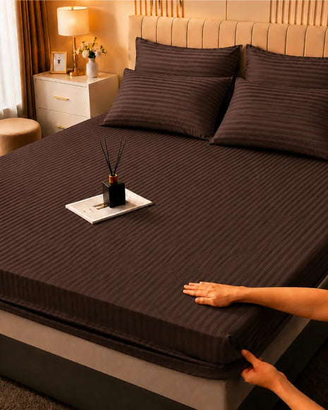 Chocolate Brown Stripe Bedsheet Set – 5 Pcs