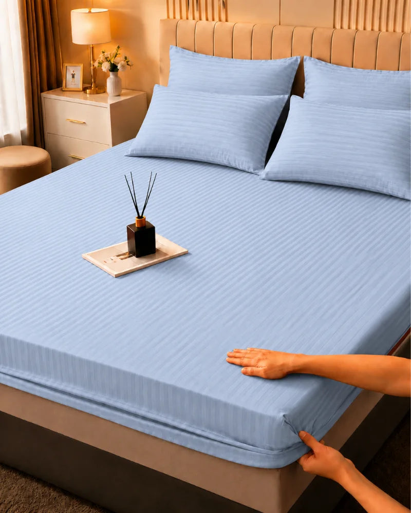 Light Blue Stripe Bedsheet Set – 5 Pcs