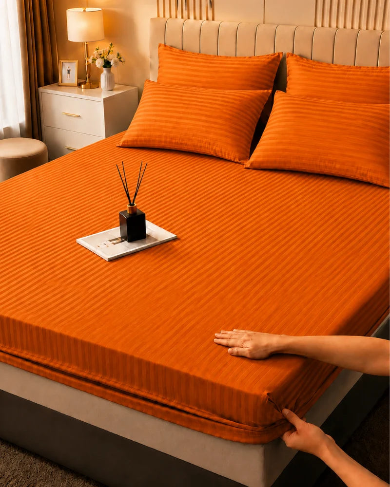 Dark Mustard Stripe Bedsheet Set – 5 Pcs