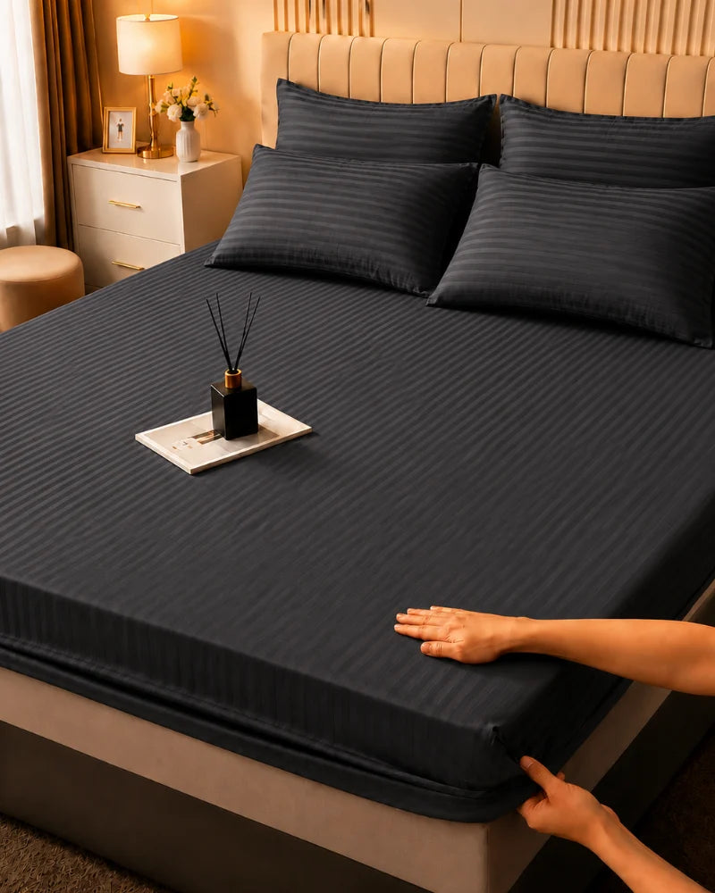 Dark Gray Stripe Bedsheet Set – 5 Pcs