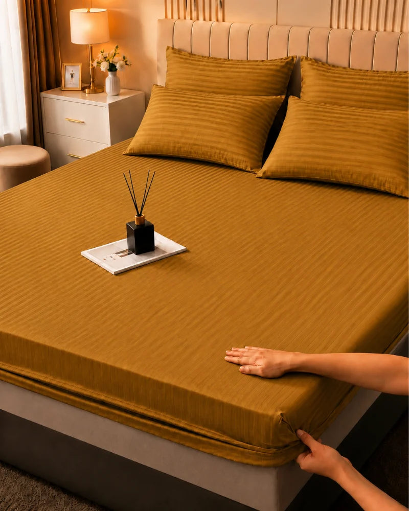 Honey Mustard Stripe Bedsheet Set – 5 Pcs
