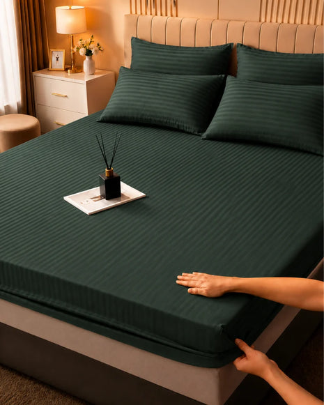 Dark Green Stripe Bedsheet Set – 5 Pcs