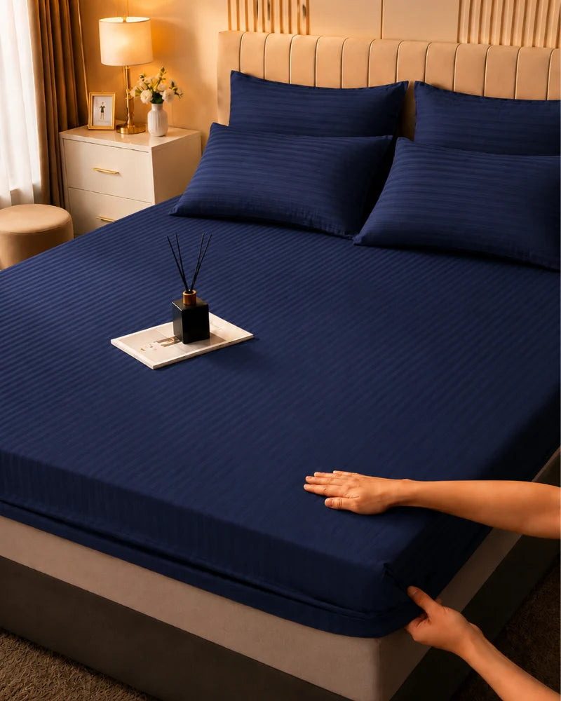 Navy Blue Stripe Bedsheet Set – 5 Pcs